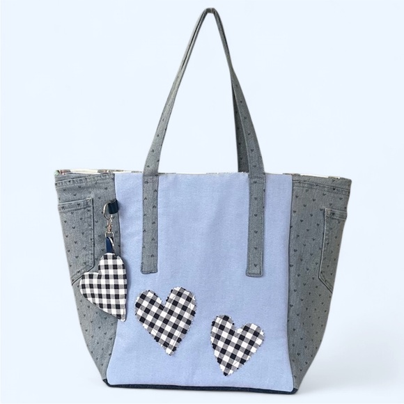 Handmade Handbags - Handmade One Of A Kind Denim Heart Accents Upcycled Fabric Shoulder Tote Bag 💙